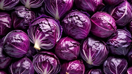 Heads of red cabbage in the form of a massive background. Generative AI. - Powered by Adobe