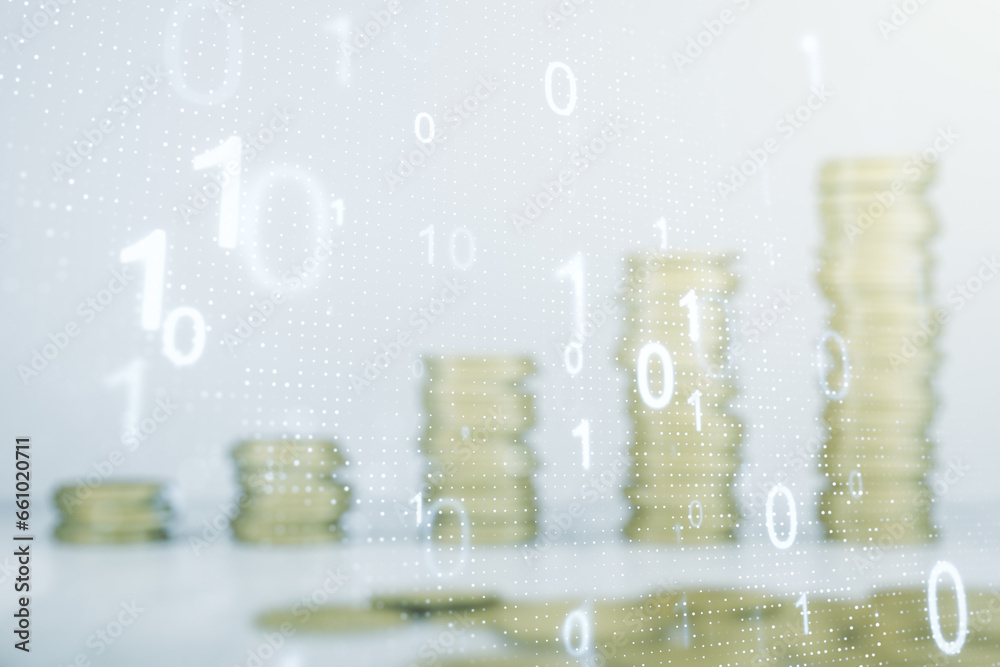 Aufkleber Double exposure of abstract virtual binary code hologram on growing stacks of coins background. Database and programming concept