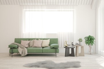 White scandinavian interior design with sofa. 3D illustration