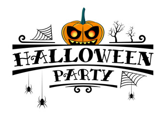 Obraz premium Happy Halloween party text banner with scary pumpkin and spider web. Graphic font for holiday poster, invitation or greeting card design. Vector illustration.