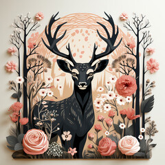 deer with a flower,pattern with deer and flowers,Whimsical Deer: A Romantic Floral Illustration