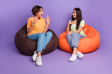 Photo of positive impressed ladies wear t-shirts sitting bean bags discussing last news isolated violet color background