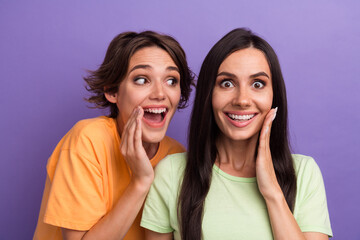 Photo of excited impressed ladies wear t-shirts smiling arm cheek listening secrets isolated violet color background