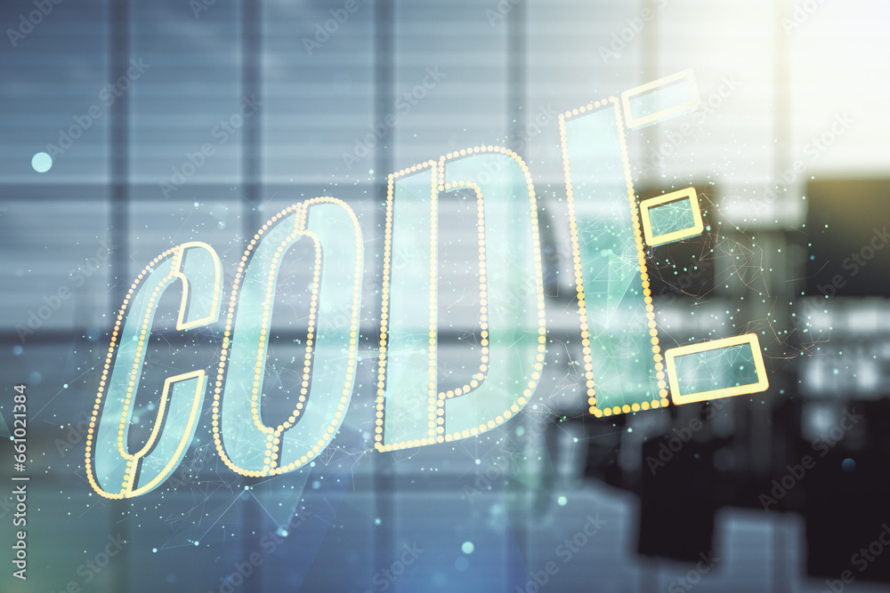 Poster code word hologram on a modern coworking room background, international software development concept