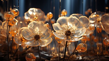 Fototapeta na wymiar Wallpaper interior installation with white glass anemones flowersд. Metallick and glass flowers