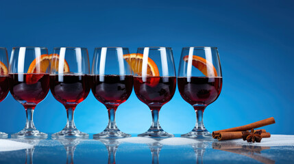 Set of glasses of mulled wine on a winter background