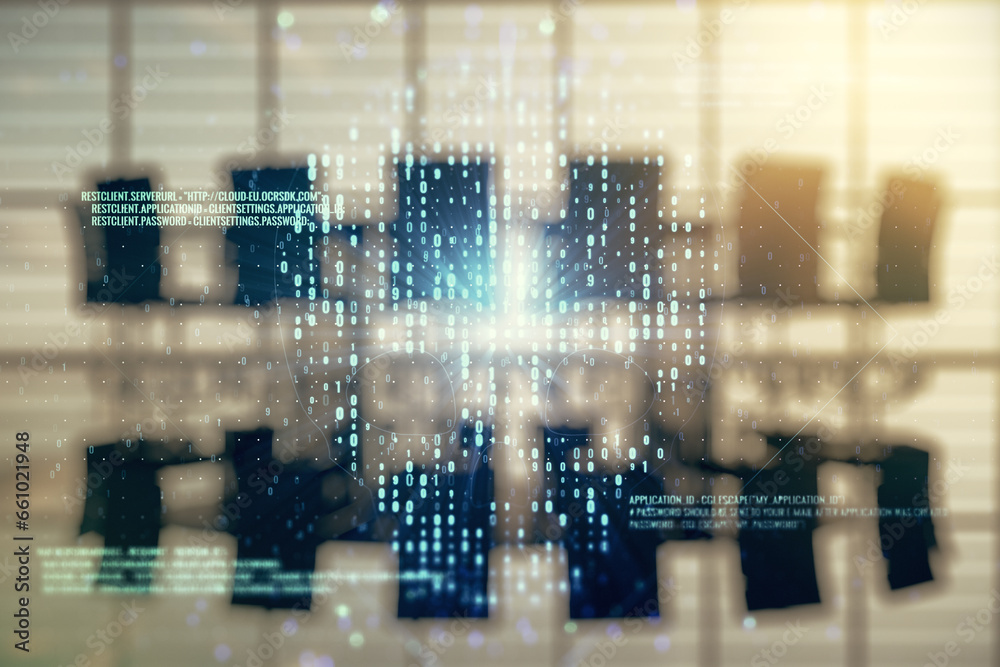 Poster abstract virtual code skull illustration on a modern conference room background. hacking and phishin