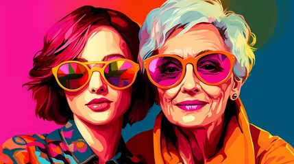 Fototapeten Portrait of mother and daughter in mature age, generational differences, contact with parents, illustration in pop art style © PhotoHunter