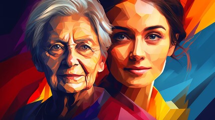 Obraz premium Portrait of an old woman recalling youth, transience, illustration in pop art style