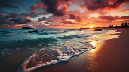 Wonderful view of the wavy sea at sunset. - obrazy, fototapety, plakaty