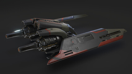 Concept assault fighter, gunship with scratched metal grey-green, orange paint, turbines, guns. Single-pilot spaceship standing on the landing pad. Science fiction vehicle for space wars. 3d render.