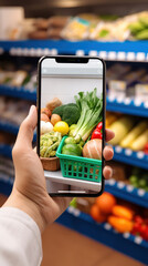 Hand using AR grocery app: scanning vegetables at a market via smartphone