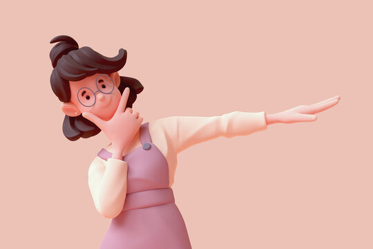 Portrait of funny cute kawaii excited asian active k-pop girl in fashion casual clothes touches her chin with index finger, thumb, one hand points your way direction. 3d pastel render on pink backdrop