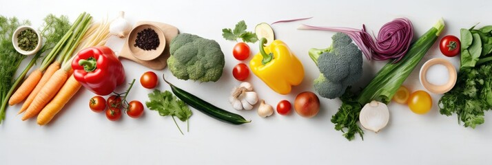 Nature's spectrum: banner background filled with raw organic produce flat lay - obrazy, fototapety, plakaty