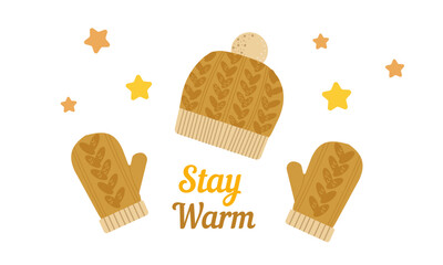 Winter woolen mittens and hat ,vector illustration on white background lettering flat design ,in yellow color for different autumn and winter design uses .