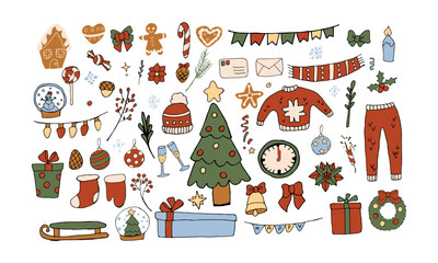Vector illustration Christmas and New Year set, design graphic different object , Christmas tree , bell , sweet ginger biscuits  in red, yellow, brown ,and red color in flat doodle style  isolate.