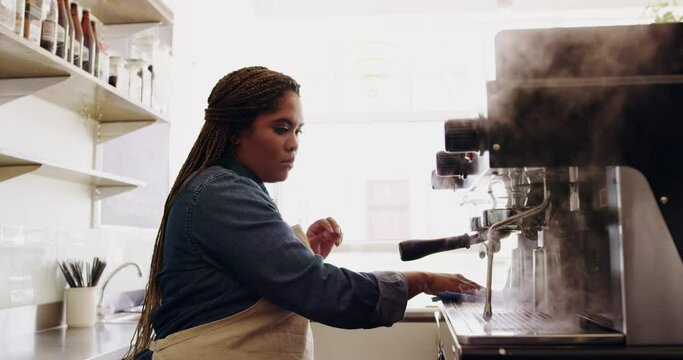 Woman, barista or coffee machine cleaning for cafe, customer satisfaction or busy restaurant. Female person, hygiene and appliance or breakfast rush or hot espresso, drink or hospitality industry