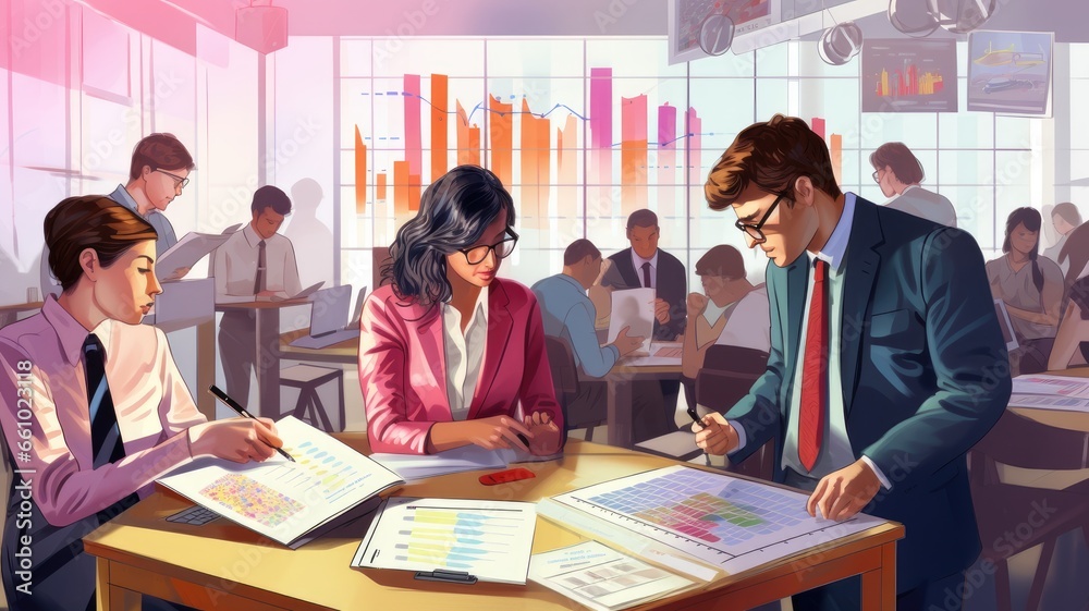 Aufkleber an image of market researchers collecting data and conducting surveys to assess market conditions