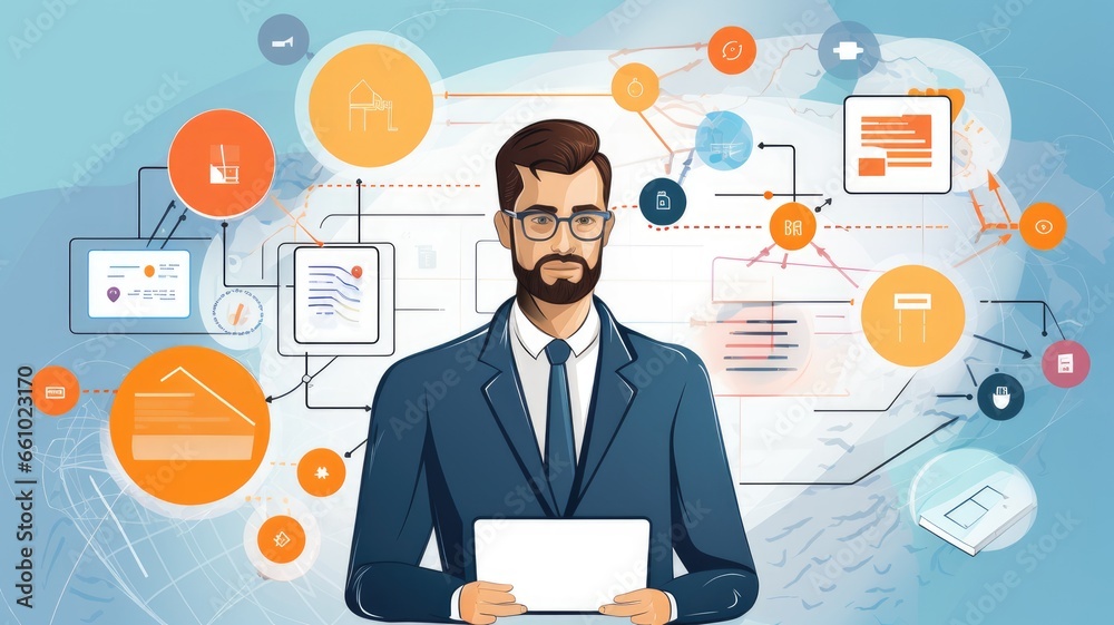 Fototapete Visualize a person modeling business processes and workflows for optimization in business analysis