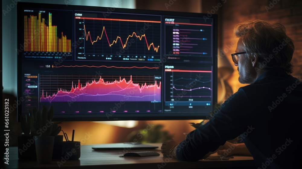 Aufkleber A person with a dashboard showing performance metrics, highlighting data-driven performance analysis