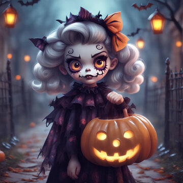 Dressed up girl in halloween costume, demon costume, party costume, painting, scary costume.