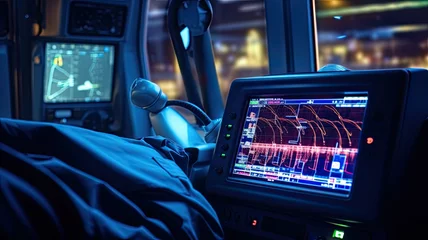Fotobehang an ECG monitor in an ambulance, with paramedics attending to a patient on the way to the hospital, highlighting the critical role of ECGs in emergency care. © lililia