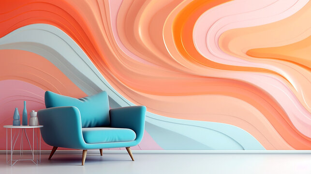 Modern Creative 3D Abstract Living Room Wallpaper For Walls. Three-dimensional Soft Pastels Background With A Teal Armchair And White Side Table 