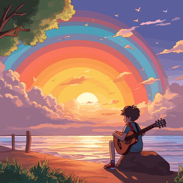 A Child And A Guitar Sit And Look At The Rainbow On The Landscape