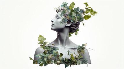 Background wallpaper o of a sculpture bust statue of a woman surrounded by green ivy leaves with negative space for copy text  - obrazy, fototapety, plakaty