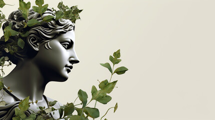 Background wallpaper of an antique sculpture bust statue  framed by green leaves , laurel wreath on head with negative space for copy text Y2K art  - obrazy, fototapety, plakaty