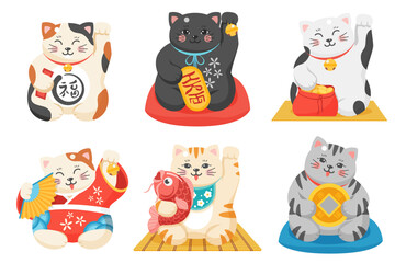Maneki neko, Japanese lucky cats set vector illustration. Cartoon isolated cute fat kitty characters in collars holding bag of money and golden coin, fish and bell, good luck and fortune Asian symbols