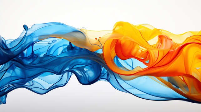 Fluides en bleu et orange sur fond blanc.
