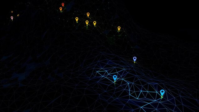 Flight over a mountain on which a winding and colored trail is drawn, along different placemarks - 3d illustration
