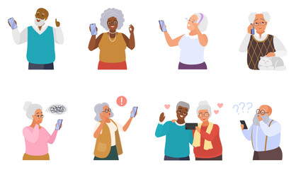 Old people with phones set vector illustration. Cartoon isolated senior woman and man hold smartphone with confused or happy, sad or worry expression on face, older users call on cellphone with smiles