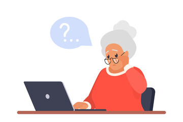 Sad old woman sitting with laptop vector illustration. Cartoon isolated elderly character with glasses and question mark over head inside bubble, confused grandmother in doubt how to use computer