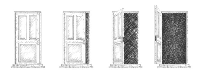 Door opening sequence, set of line sketches vector illustration. Outline doodle hand drawn arts of ajar, open and closed doors of office or home with scribble dark in doorway, doorstep and handle - obrazy, fototapety, plakaty