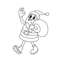 Comic retro Santa Claus character. Groovy vector illustration in line style.