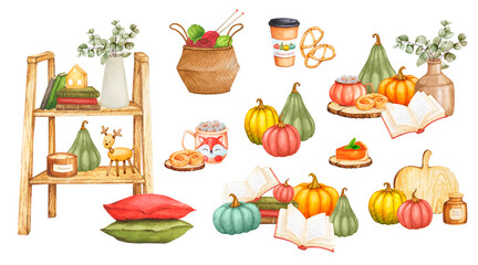 Set of watercolor compositions with home decor, pumpkins, eucalyptus, sweet pastries. Cozy home, warm autumn, Thanksgiving day. Scandinavian design for cards, invitations, posters, advertising.