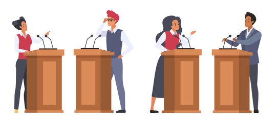 Debates between two speakers on rostrums set vector illustration. Cartoon isolated male and female politicians argue behind podiums with microphones, public politics dialogue of woman and man - obrazy, fototapety, plakaty