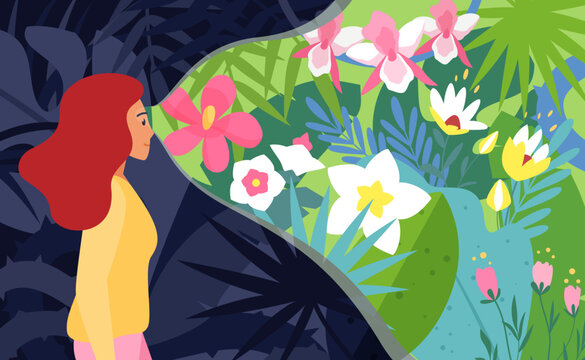Optimistic outlook, mental health vector illustration. Cartoon happy young optimistic woman focusing vision on bright beautiful flowers on way, looking ahead to see beauty of future in moment