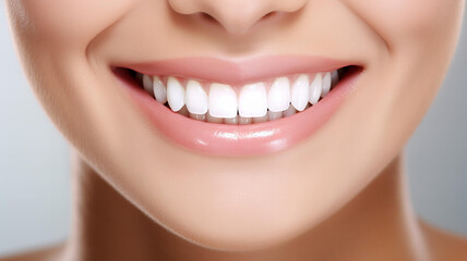 Beautiful female smile with white straight teeth.  Dental Care. Bright Smile. Perfect Theeth. Generative AI