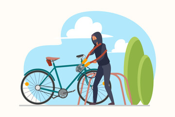 Bicycle theft by thief on city street vector illustration. Cartoon male robber character in disguise mask, hoodie stealing, man with pliers picking lock on bike parking lot to steal personal transport