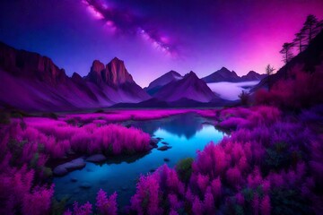 Amidst a magenta sky, crystalline mountains glowing from within pierced the heavens - AI Generative