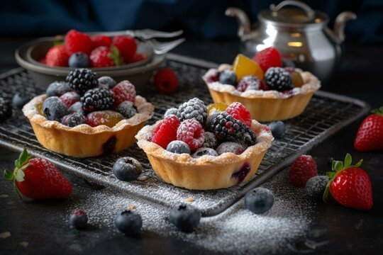 An image showing delicious berry tartlets with a golden and crispy crust, filled with fresh berries and topped with a dusting of powdered sugar. Generative AI