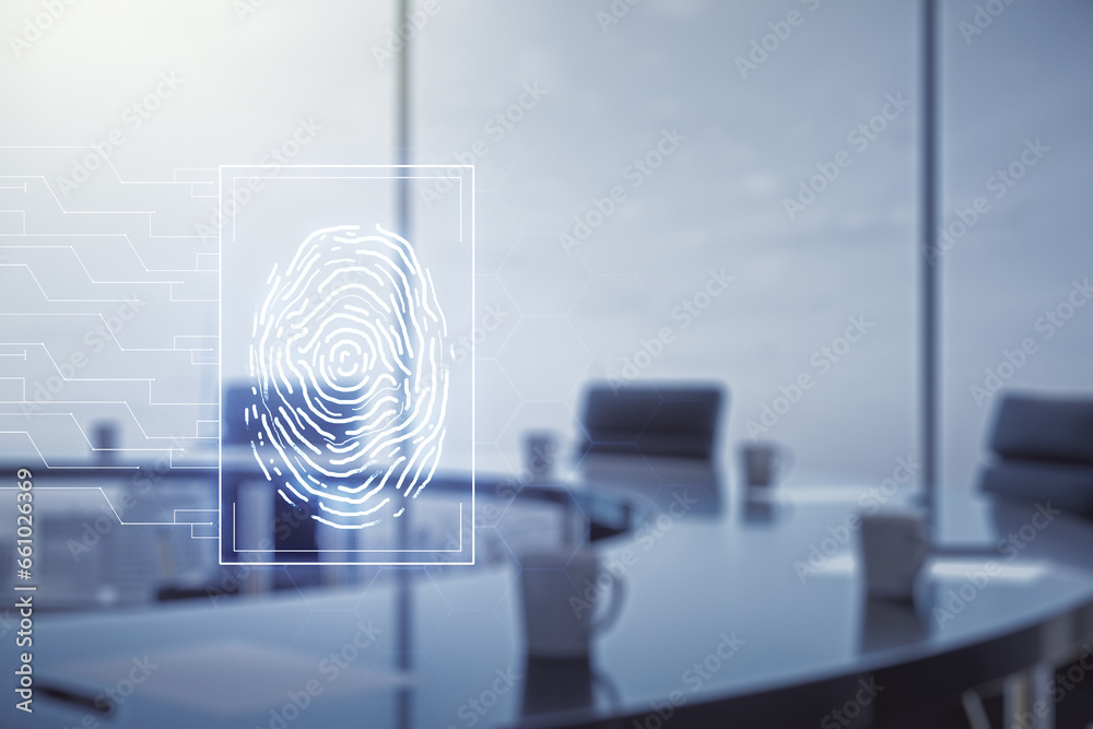 Poster multi exposure of virtual abstract fingerprint illustration on a modern conference room background, 