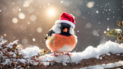 Cute funny cartoon bullfinch bird wearing a santa hat on a snowy branch