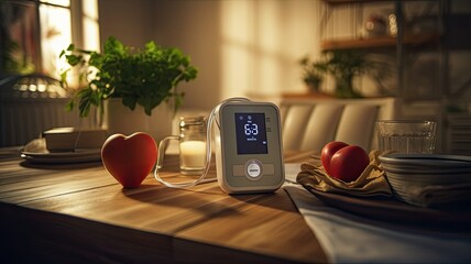 an ECG monitor placed on a table in a cozy home setting, emphasizing the convenience of remote health monitoring and telemedicine.
