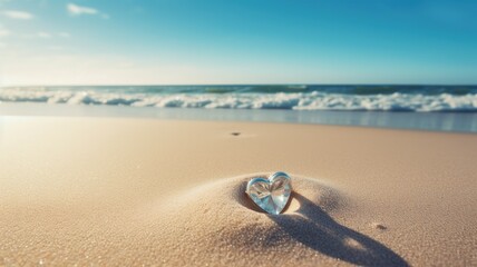 a heart-shaped arrangement of rose petals on the beach sand during a seaside wedding ceremony. The gentle blue wave in the background adds a serene touch to the romantic setting.