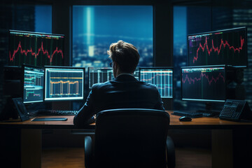 In a sleek trading room, a male trader gazes at multiple monitors displaying intricate candlestick charts, his eyes locked on the data, meticulously analyzing market trends and pri 