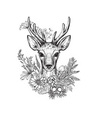 Christmas card with hand drawn funny deer with winter floral wreath of plants and flowers. Vector illustration in sketch style.